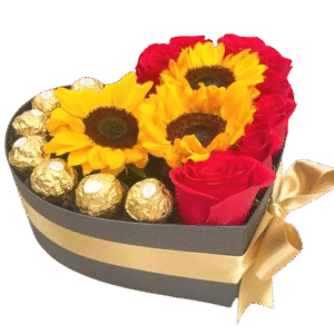 Caja Corazón Con Rosas, Girasoles y Chocolates